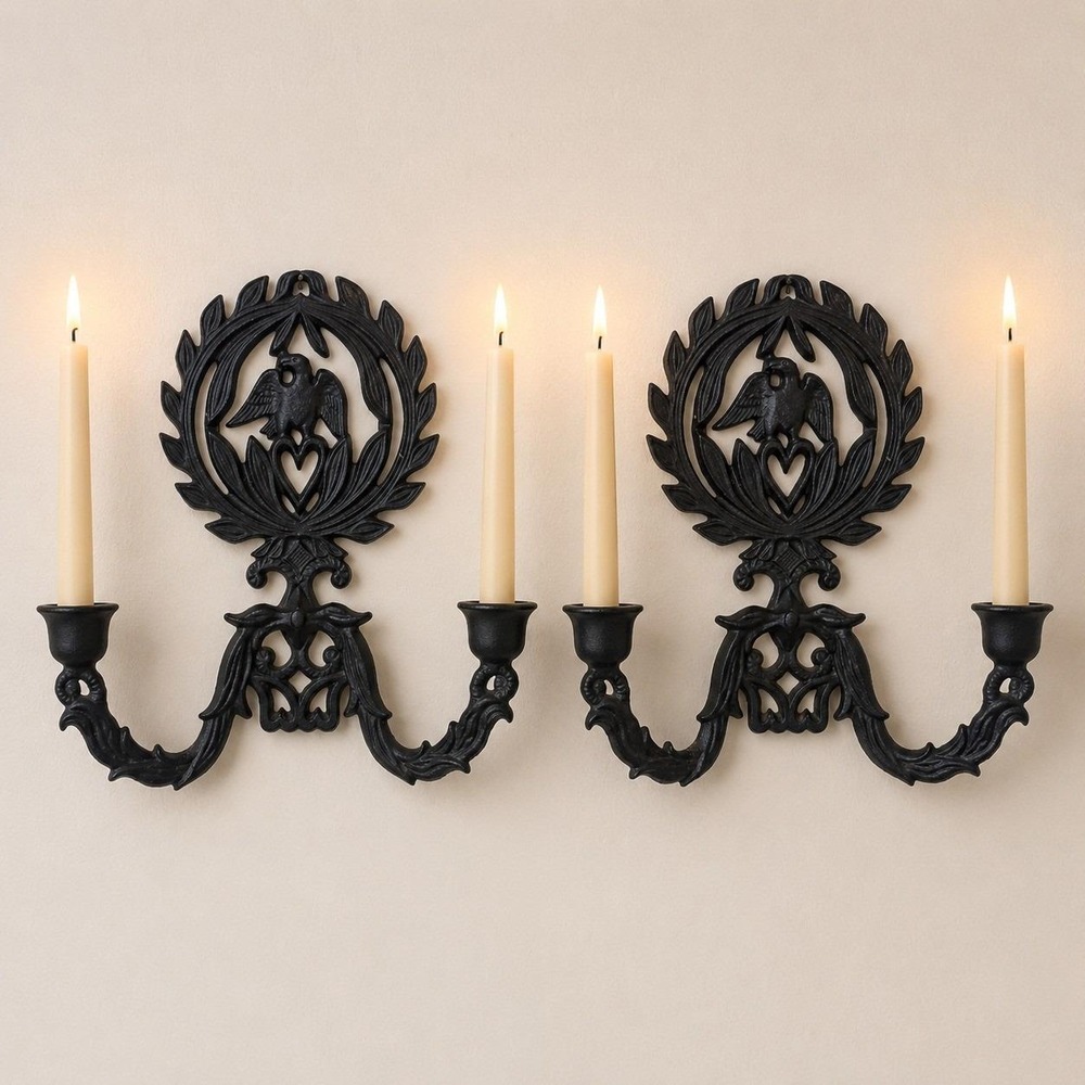 Vintage Cast Iron Eagle Wall Candle Sconces Black Federal Colonial America 250
